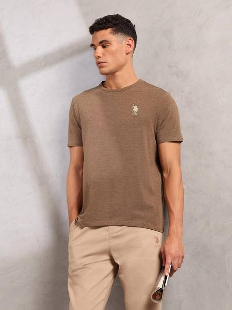 Men Self Design Crew Neck Pure Cotton Brown T-Shirt