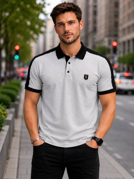 Men Colorblock Polo Neck Cotton Blend Grey, Black T-Shirt