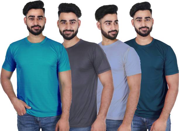 Pack of 4 Men Solid, Self Design Round Neck Reversible Polyester Multicolor T-Shirt