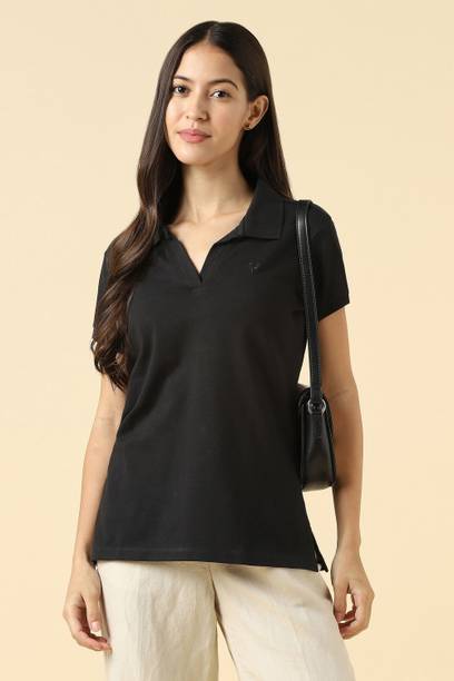 Women Solid Polo Neck Cotton Blend Black T-Shirt