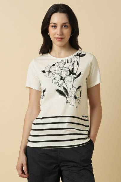 Women Printed Round Neck Pure Cotton Beige T-Shirt