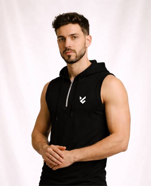 Men Solid Hooded Neck Polycotton Black T-Shirt