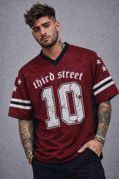 Men Printed V Neck Cotton Blend Maroon T-Shirt