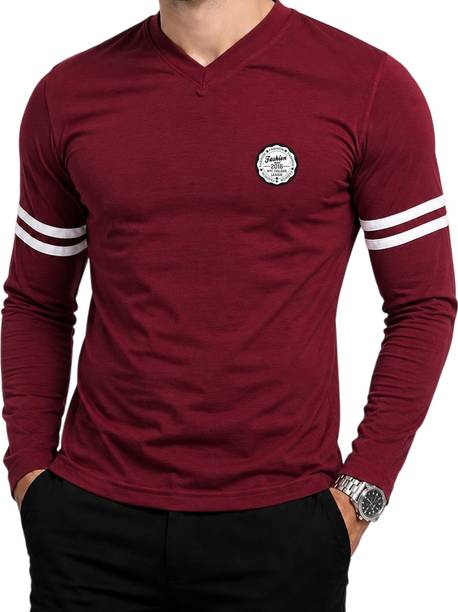 Men Graphic Print V Neck Cotton Blend Maroon T-Shirt