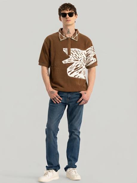 Men Self Design Zip Neck Pure Cotton Multicolor T-Shirt