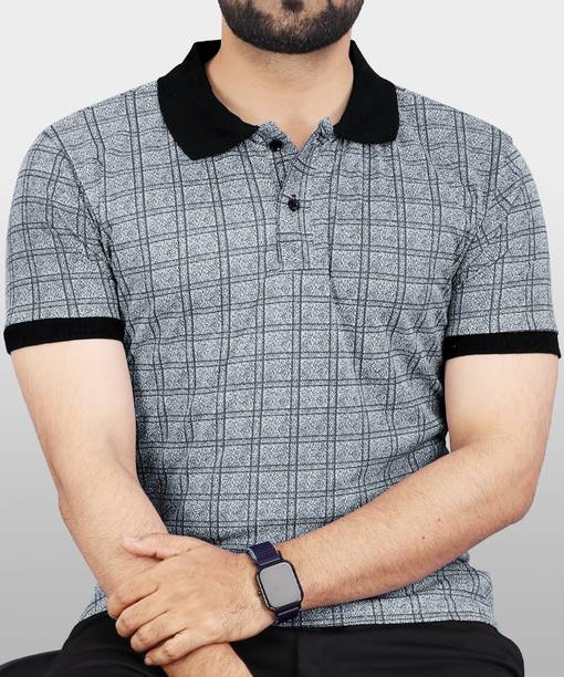 VeBNoR Men Printed Polo Neck Polyester Grey T-Shirt