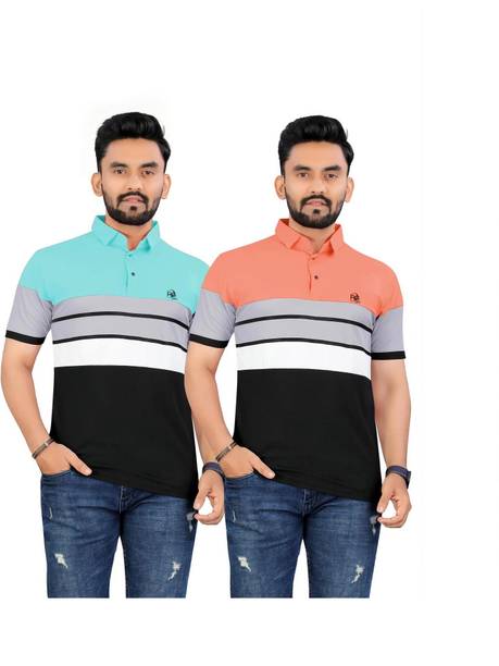 Pack of 2 Men Striped Polo Neck Cotton Blend Multicolor T-Shirt