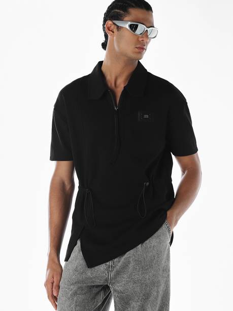 JACK & JONES Men Solid Polo Neck Cotton Blend Black T-Shirt