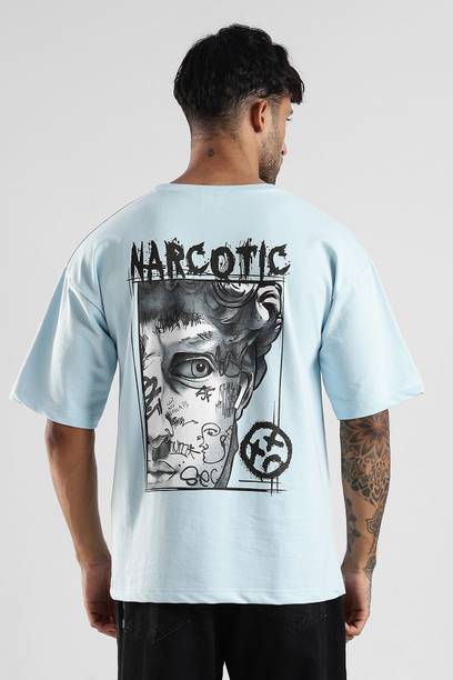 Men Printed Round Neck Cotton Blend Light Blue T-Shirt