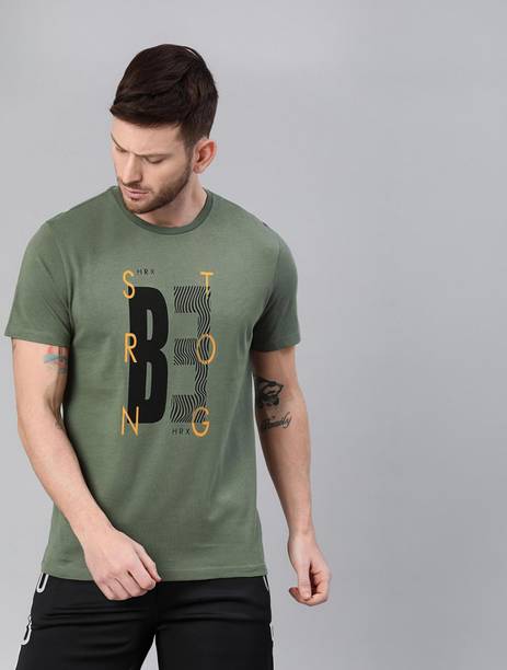 Men Printed Round Neck Pure Cotton Dark Green T-Shirt