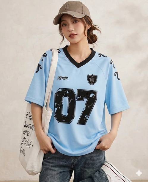 ENGLISHPREMIUM Women Printed V Neck Polyester Blue T-Shirt