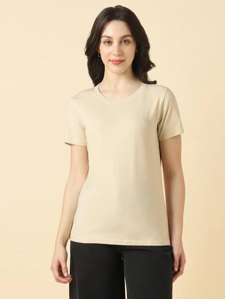 Women Solid Round Neck Cotton Blend Beige T-Shirt