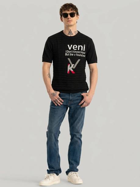 Men Printed Round Neck Pure Cotton Black T-Shirt
