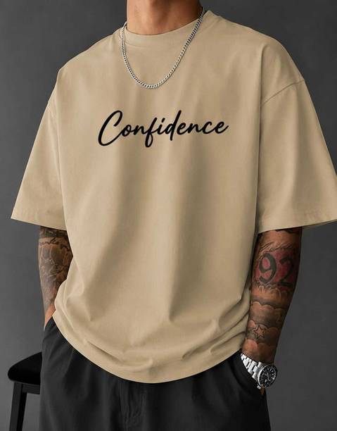 Men Typography Round Neck Cotton Blend Beige T-Shirt