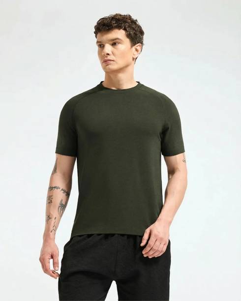 Wellbi Men Solid Round Neck Bamboo Dark Green T-Shirt