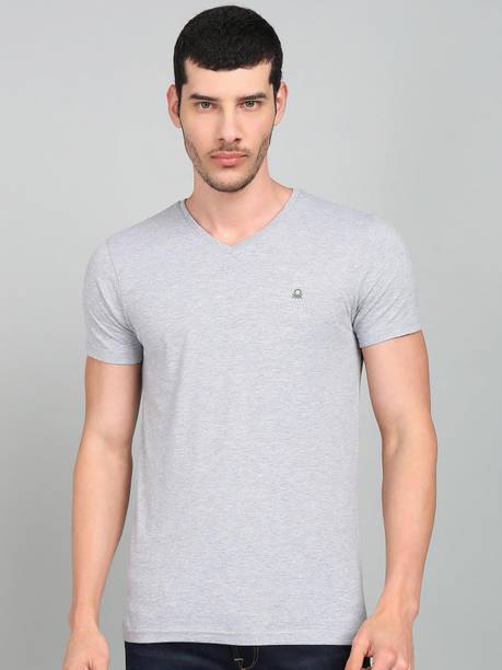 Men Solid V Neck Pure Cotton Grey T-Shirt