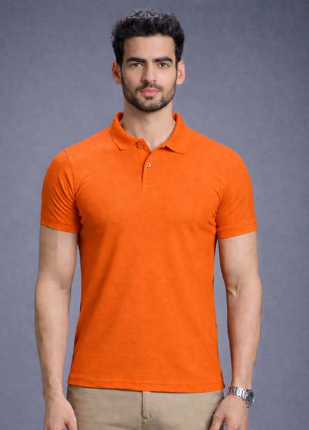 Men Solid Polo Neck Polyester Orange T-Shirt
