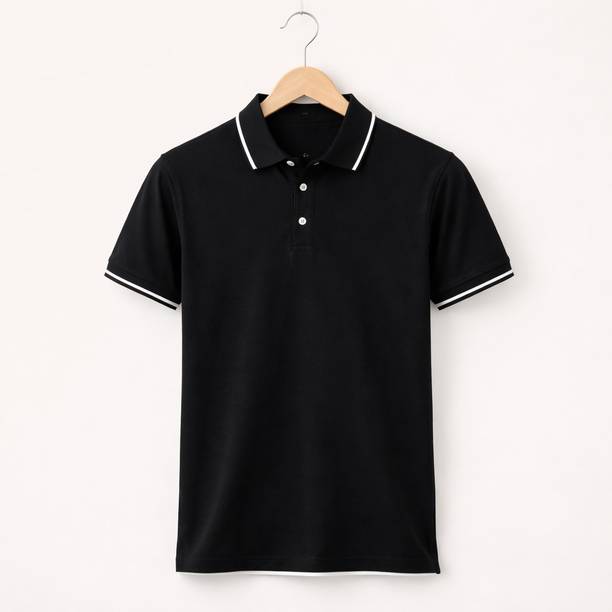 Men Solid Polo Neck Cotton Blend Black T-Shirt