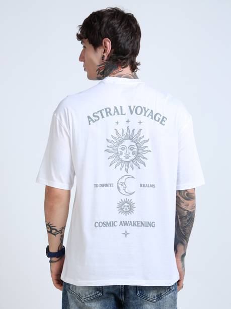Glitchez Men Graphic Print Round Neck Pure Cotton White T-Shirt