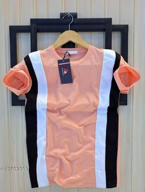 Men Self Design Round Neck Cotton Blend Pink T-Shirt