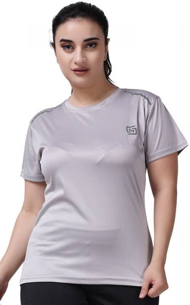 ND Women's Solid Round Neck Polyester Silver T-Shirt
