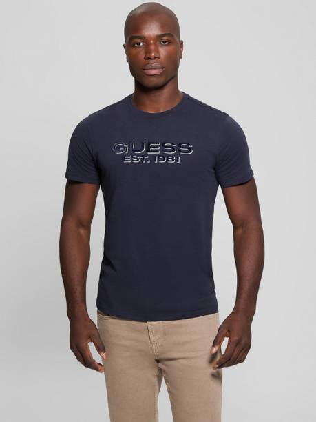 GUESS Embroidered Men Crew Neck Blue T-Shirt