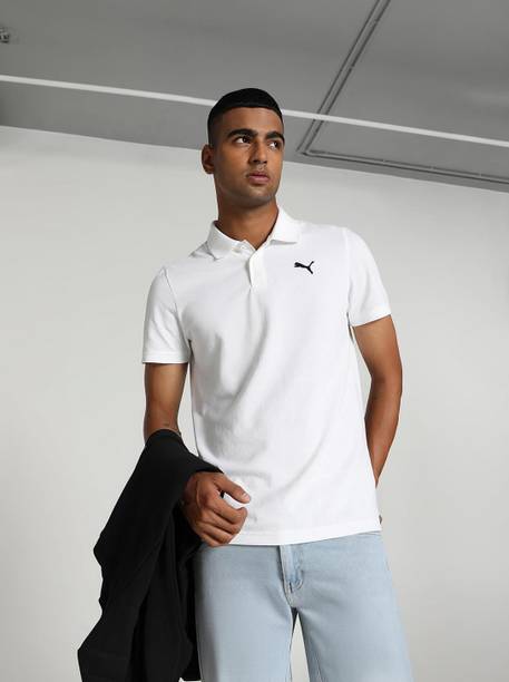 ESS Logo M Men Solid Polo Neck Pure Cotton White T-Shirt