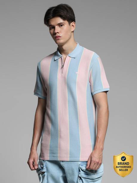 JACK & JONES Men Striped Polo Neck Cotton Blend Pink T-Shirt