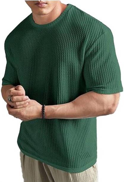 Men Solid Crew Neck Polyester Dark Green T-Shirt