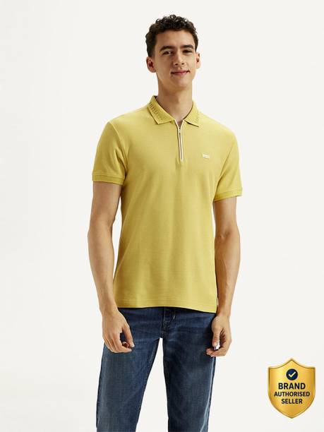 LEVI'S Men Solid Polo Neck Pure Cotton Yellow T-Shirt