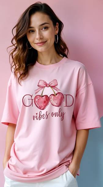Women Graphic Print Round Neck Pure Cotton Pink T-Shirt