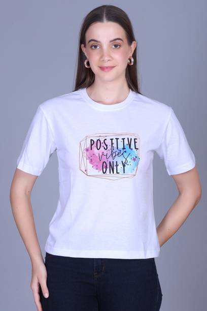 Women Printed Round Neck Polycotton White T-Shirt