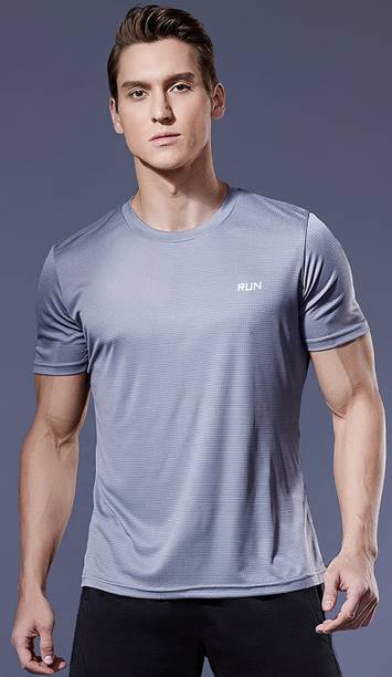 Men Solid, Typography Round Neck Polyester Grey T-Shirt