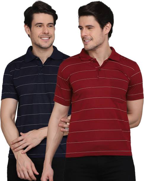 Pack of 2 Men Striped Polo Neck Cotton Blend Multicolor T-Shirt