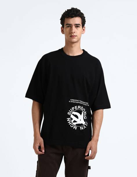 Men Printed, Typography Round Neck Cotton Blend Black T-Shirt