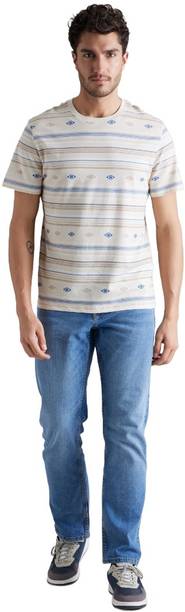 Men Striped Round Neck Pure Cotton Silver T-Shirt