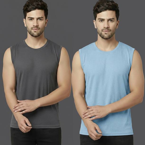 Pack of 2 Men Solid Round Neck Polyester Multicolor T-Shirt
