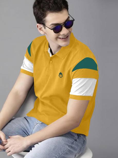 Men Striped Polo Neck Polycotton Yellow T-Shirt