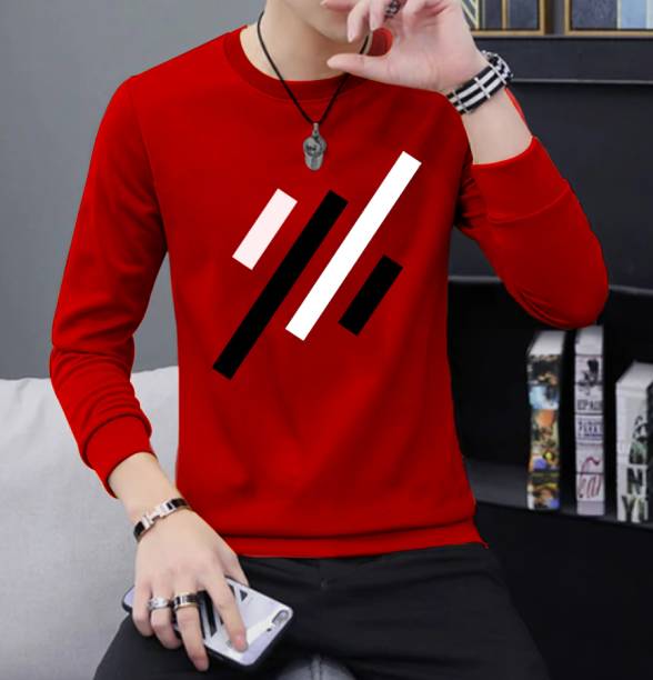 Men Printed Round Neck Pure Cotton Red T-Shirt Price in India