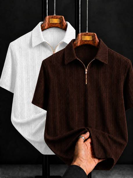 Pack of 2 Men Self Design Polo Neck Polycotton White, Brown T-Shirt