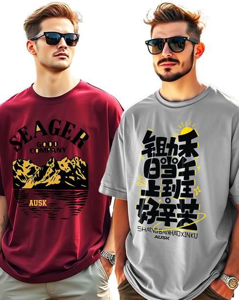 AUSK Printed Men Round Neck Grey, Maroon T-Shirt