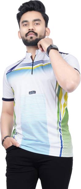 Men Sporty Mandarin Collar Polyester White T-Shirt Price in India