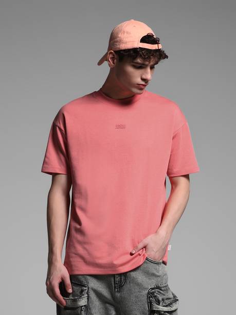 Men Solid Crew Neck Cotton Blend Pink T-Shirt