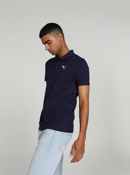 ESS Logo M Men Solid Polo Neck Pure Cotton Blue T-Shirt