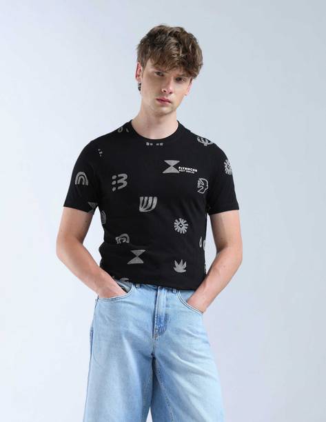 Men Graphic Print Round Neck Pure Cotton Black T-Shirt