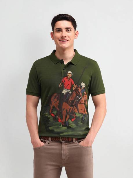 Men Graphic Print Polo Neck Pure Cotton Green T-Shirt