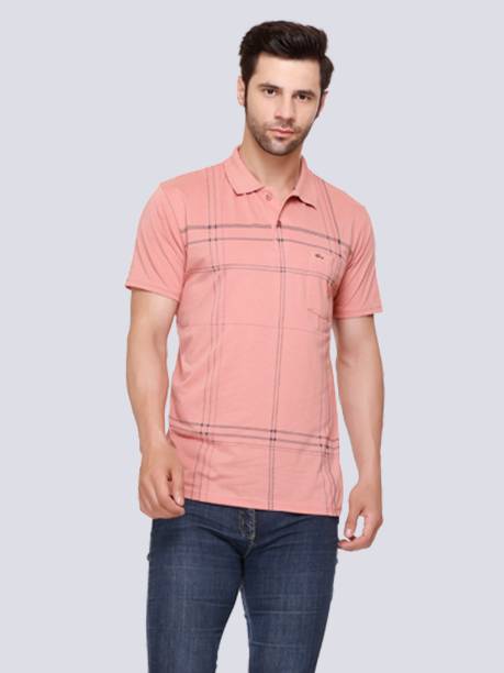 Men Striped Polo Neck Cotton Blend Pink T-Shirt Price in India