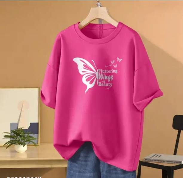 Women Graphic Print Round Neck Pure Cotton Pink T-Shirt
