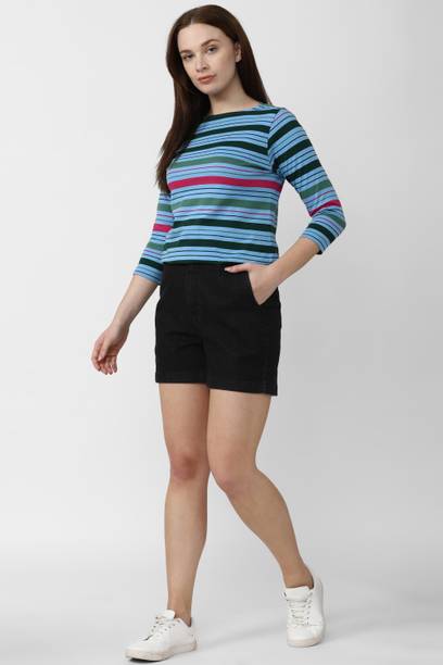 Women Striped Polo Neck Pure Cotton Light Blue T-Shirt
