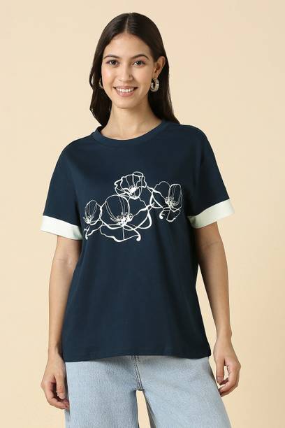 Women Printed Round Neck Pure Cotton Dark Blue T-Shirt